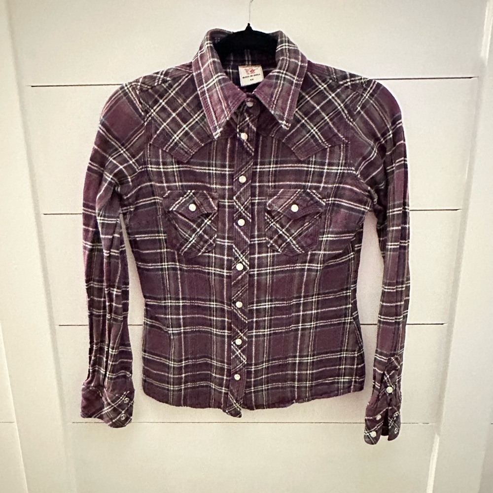 TRUE RELIGION XS snap button purple plaid woman fleece western cowgirl casual